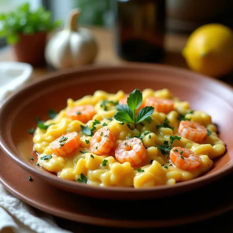 Plato rústico de barro con revuelto de ajos tiernos y gambas, huevo cremoso, gambas rosadas y ajos tiernos verdes salteados, decorado con perejil fresco y un chorrito de limón.
