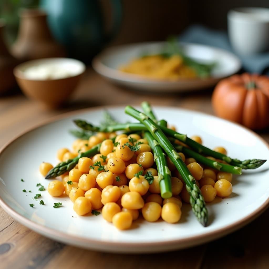 Revuelto vegano de garbanzos dorados con espárragos trigueros verdes salteados, cebolla morada, tomates cherry y perejil fresco en una sartén de hierro fundido, servido con una tostada integral al lado.