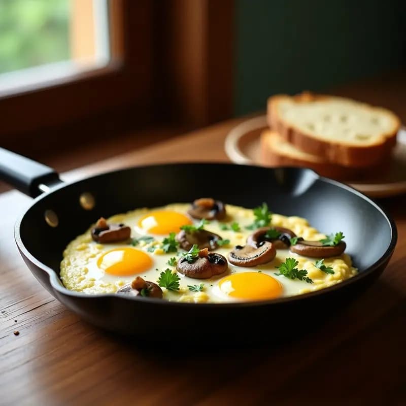 Sartén antiadherente con revuelto de setas y ajos tiernos cremoso, huevos ligeramente líquidos, ajos tiernos dorados y perejil fresco espolvoreado. Plato rústico de fondo con rebanada de pan tostado.