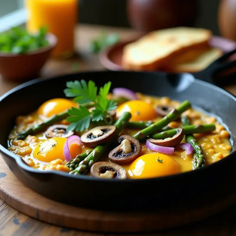 Revuelto de setas y espárragos trigueros en sartén de hierro, con huevos cremosos, trozos de champiñones dorados y espárragos verdes salteados, decorado con perejil fresco. Plato de primavera rápido y sabroso.