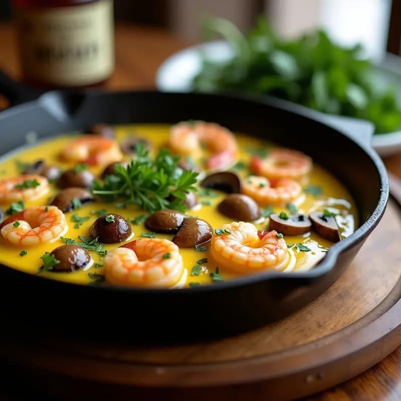 Sartén de hierro con revuelto cremoso de huevos, setas doradas y gambas rosadas, decorado con ajo tierno y perejil fresco. Plato de montaña y mar en 10 minutos.