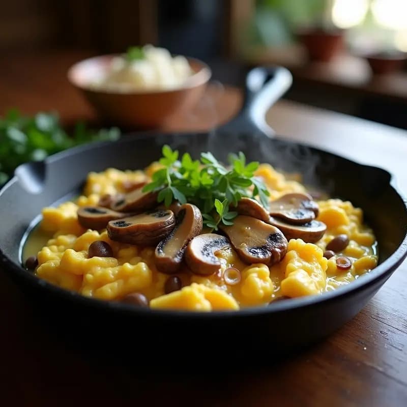 Revuelto de setas y gulas en sartén de hierro, con huevos cremosos, trozos de setas doradas y gulas brillantes, decorado con perejil fresco y guindilla. Plato de otoño tradicional español.