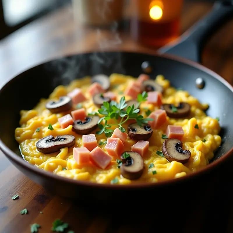 Sartén antiadherente con revuelto de setas y jamón humeante, huevos cremosos mezclados con láminas de setas doradas y taquitos de jamón serrano, decorado con perejil fresco picado sobre fondo rústico de madera.