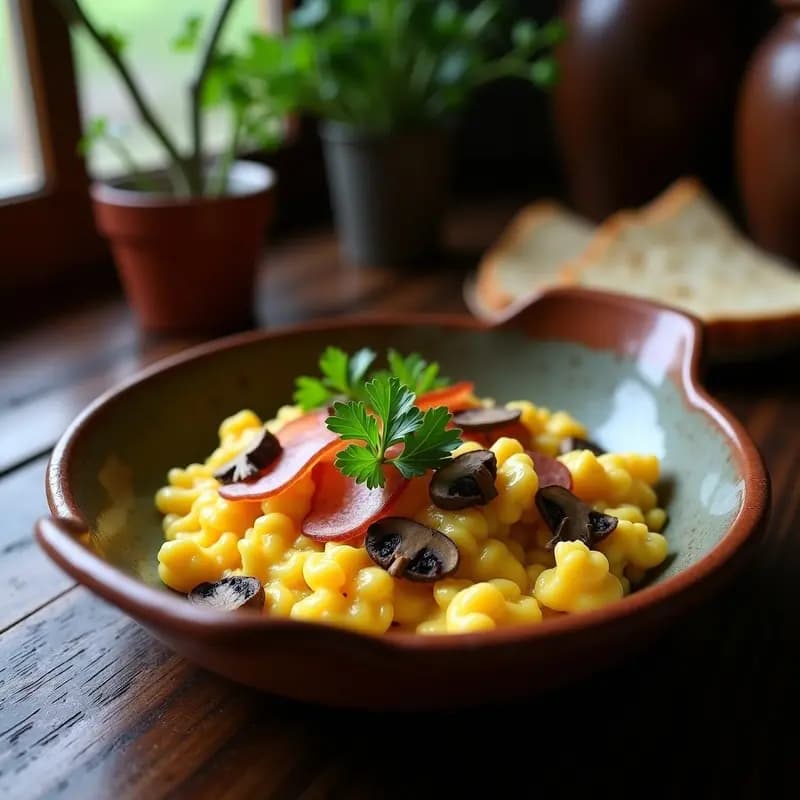 Plato hondo de barro con revuelto de setas y trufa negra, huevos cremosos mezclados con láminas de setas doradas y trocitos de trufa negra, decorado con perejil fresco y virutas de jamón ibérico.