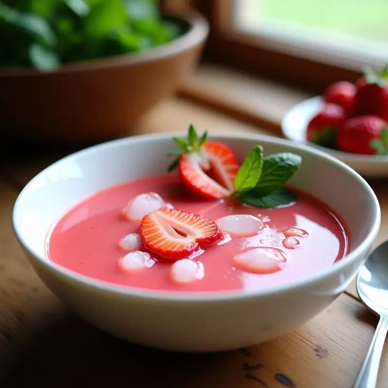 Cuenco de porcelana blanca con sopa fría Ribenica Eslovena de color rosado, decorada con rodajas de fresas y hojas de menta fresca, sobre un mantel rústico de lino con cubitos de hielo y una rama de canela al lado.