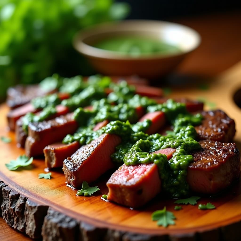 Filete ribeye jugoso cortado en rodajas gruesas sobre tabla de madera rústica, bañado en chimichurri verde vibrante con trozos de jalapeño y cilantro fresco. Receta argentina en airfryer.