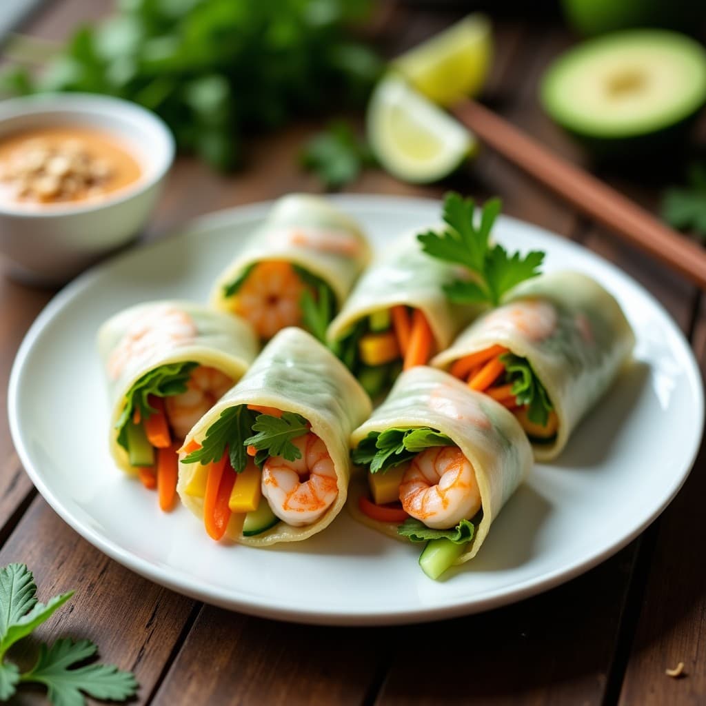 Plato blanco con Rice Paper Rolls de mango verde y camarones cortados por la mitad, mostrando su relleno colorido de camarones, mango, zanahoria y hierbas frescas, acompañados de un bol pequeño con salsa de cacahuete espesa y cremosa. Entrante vietnamita crujiente y fresco.