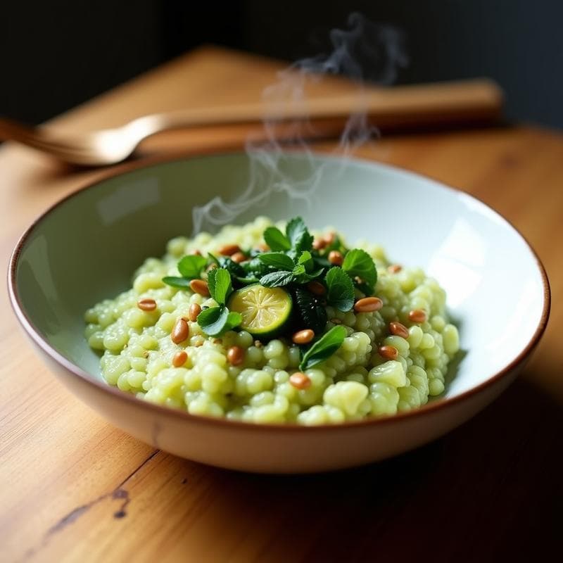 Plato hondo de cerámica blanca con risotto cremoso de color verde claro, decorado con algas wakame picadas, rodajas de calabacín salteado, semillas de sésamo tostadas y cebollino fresco. Toque de jugo de yuzu que brilla sobre la superficie. Fondo minimalista con tenedores de madera.