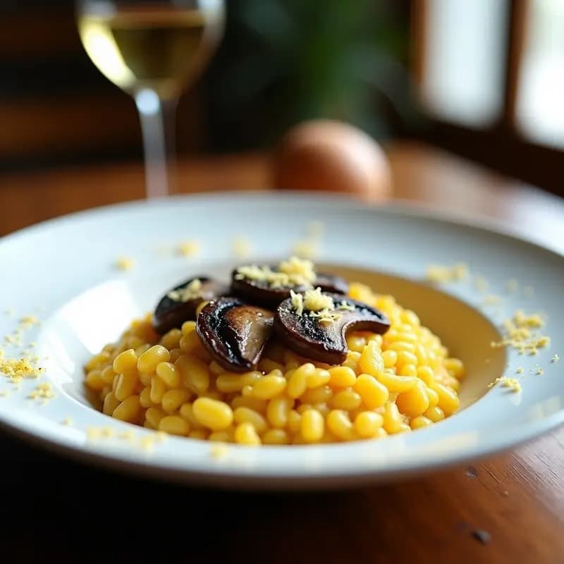 Plato hondo blanco con risotto de azafrán cremoso, arroz Carnaroli al dente, láminas doradas de hongos Portobello y queso Parmesano rallado espolvoreado, receta italiana gourmet.