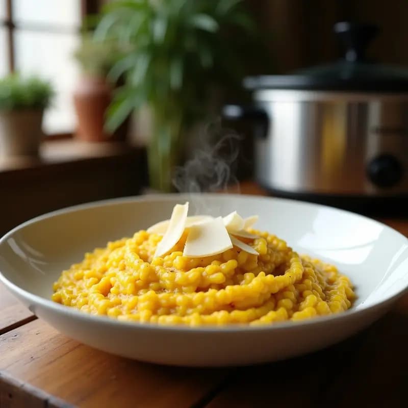 Plato hondo blanco con risotto cremoso de color dorado intenso, decorado con hilos de azafrán y virutas de parmesano, servido con una cuchara de madera.