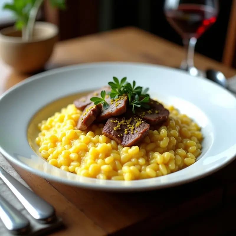 Plato hondo de porcelana blanca con risotto al azafrán de color dorado intenso, coronado con trozos desmenuzados de osso buco milanés. Acompañado de una cuchara de madera y hojas de romero fresco. Receta de lujo italiana.