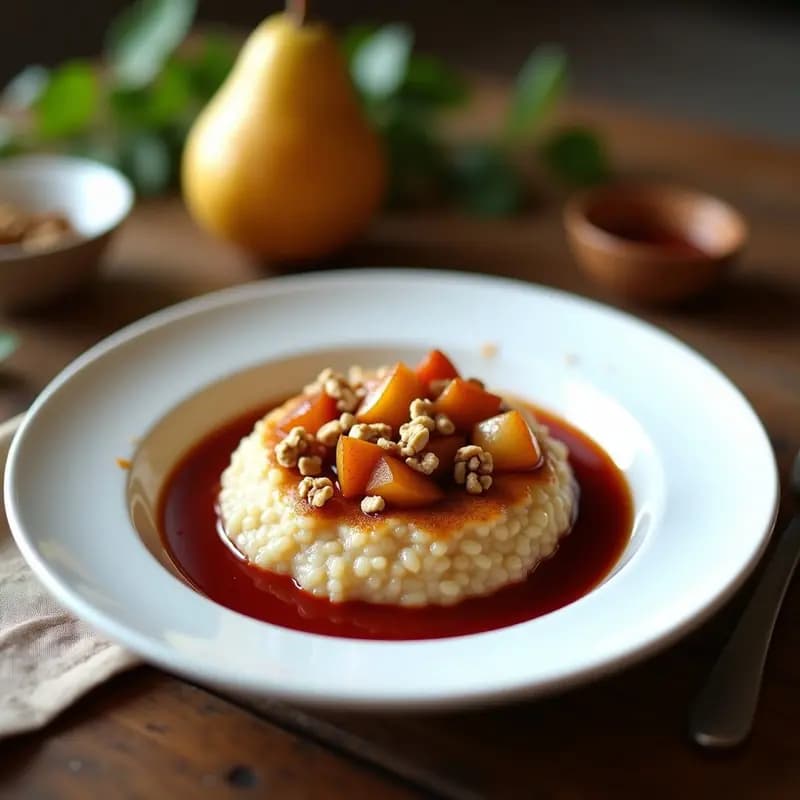 Plato hondo de porcelana blanca con risotto cremoso de color beige oscuro, coronado con peras caramelizadas doradas, nueces picadas y un hilo de caramelo de azúcar moreno. Fondo borroso con texturas de madera rústica y cuchara de plata.