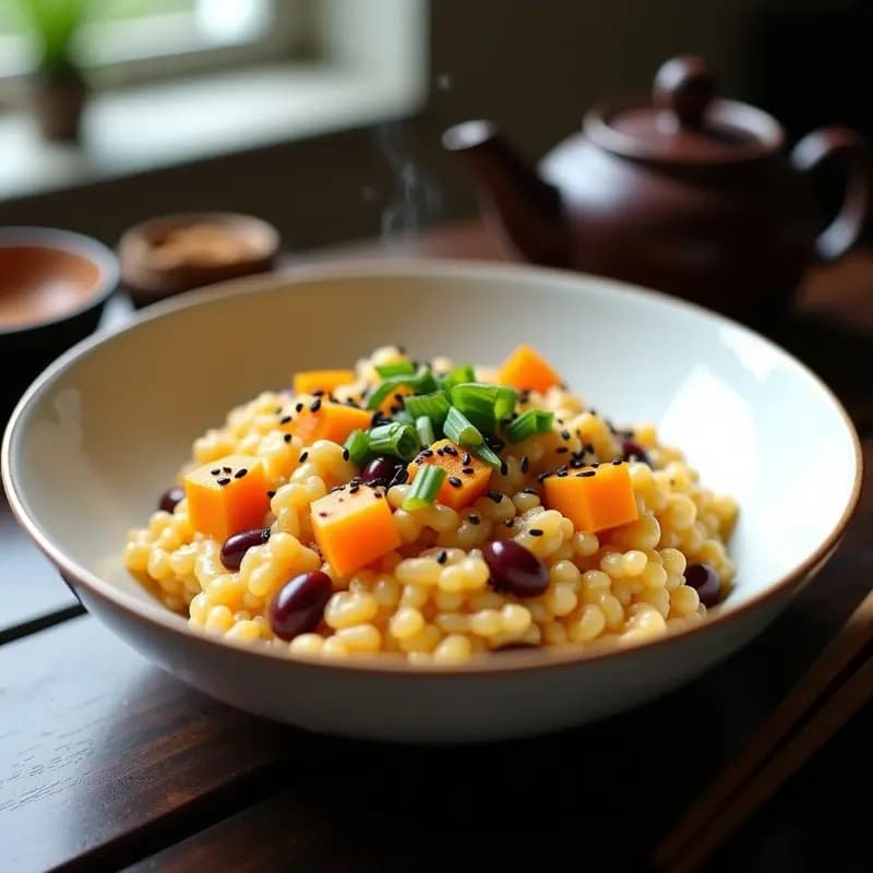 Cuenco hondo de cerámica negra con risotto de azuki y calabaza vegano, cremoso y dorado, decorado con semillas de sésamo negro y rodajas de limón. Fondo borroso con utensilios de madera y una olla arrocera al lado.