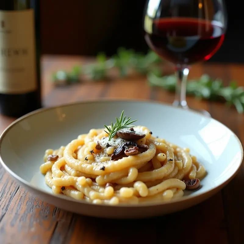 Plato hondo de porcelana blanca con risotto al Barolo de color crema intenso, salpicado de hongos porcini dorados y virutas de Parmigiano Reggiano. fondo difuminado con una copa de vino Barolo y ramitas de tomillo fresco.