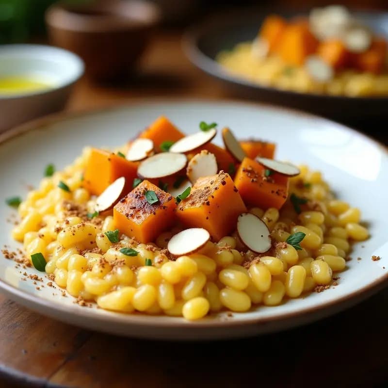 Plato hondo de cerámica blanca con risotto cremoso de color amarillo dorado, trozos de calabaza asada, queso de cabra desmenuzado y almendras fileteadas. Espolvoreado con zaatar y decorado con un hilo de aceite de oliva.