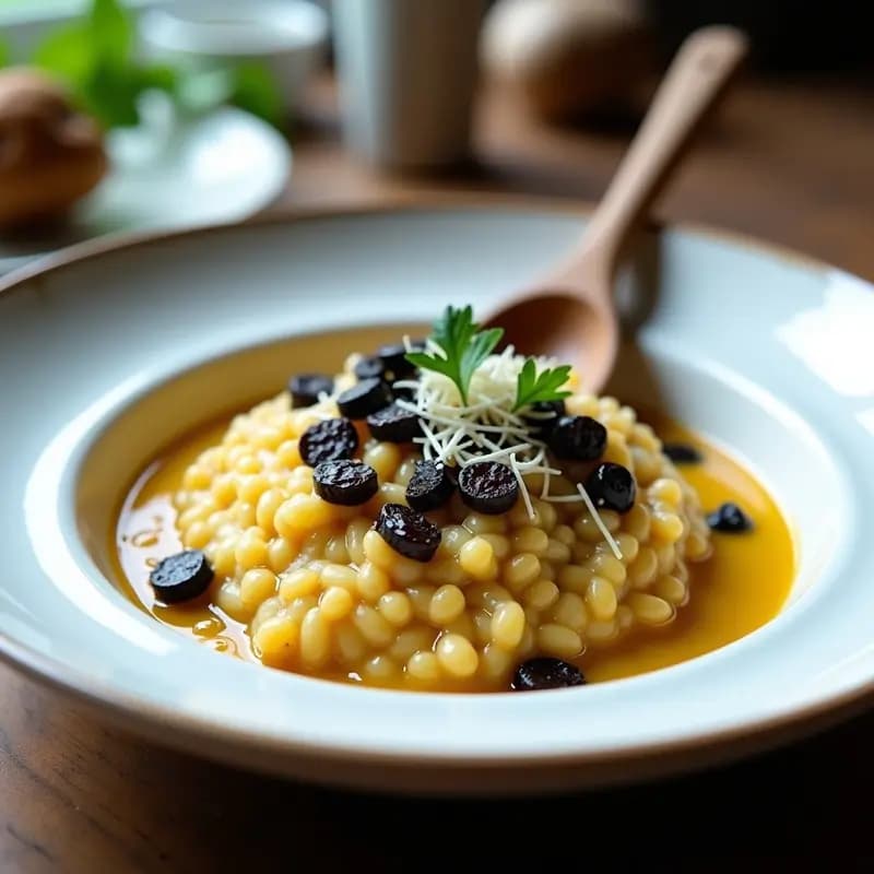 Plato de risotto cremoso con trozos de calçots y cebolla negra, servido en un bol blanco de cerámica con cuchara de madera y decorado con virutas de queso Parmesano y perejil fresco.