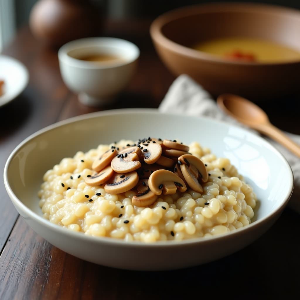 Plato hondo de cerámica blanca con risotto cremoso de color marfil, salteado con champiñones Shimeji dorados y decorado con semillas de sésamo negro. Al fondo, una cuchara de madera y una taza de caldo de kombu humeante. Receta vegana y umami en olla exprés.