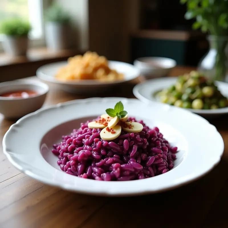 Plato hondo blanco con risotto cremoso de color lila intenso, decorado con vinagreta de frambuesa roja brillante, hojas de col morada fresca y trocitos de queso de almendras. Receta gourmet sin lácteos.