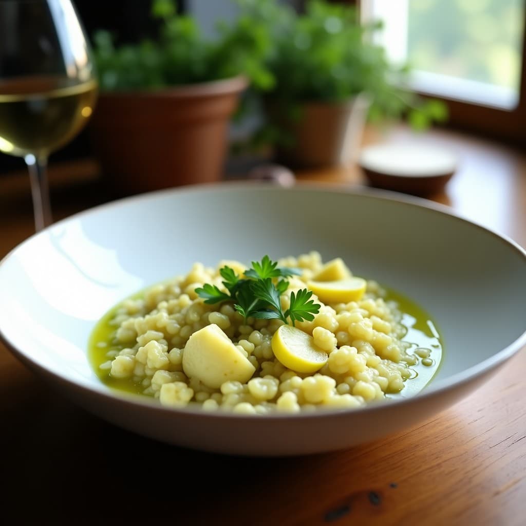 Plato hondo de cerámica blanca con risotto cremoso de coliflor y alcachofa, bañado en salsa de vino verde portugués, espolvoreado con perejil fresco y servido con una copa de vino verde al lado.