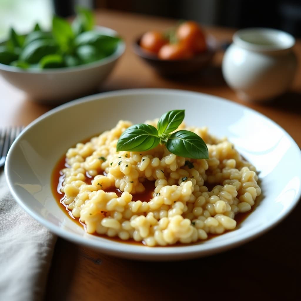 Plato hondo de cerámica blanca con risotto cremoso de coliflor y alcachofas, coronado con hojas de albahaca fresca y un hilo de vinagre balsámico brillante. Fondo rústico con servilleta de lino.
