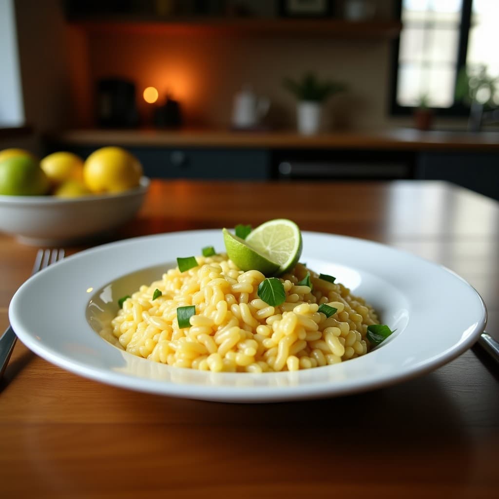 Plato hondo de cerámica blanca con risotto de coliflor cremoso, salpicado de algas wakame y nori, decorado con semillas de sésamo negro y limón confitado. Sabores marinos y cítricos en una receta keto sin lácteos.