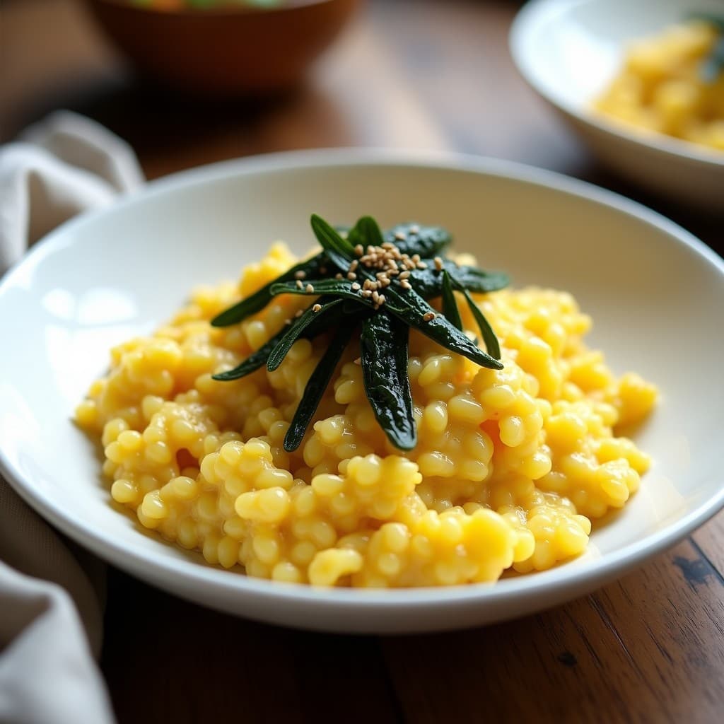 Plato hondo blanco con risotto de coliflor de color dorado por el azafrán, decorado con tiras de algas nori oscuras y semillas de sésamo tostadas. Textura cremosa y aspecto gourmet, receta low-carb sin lactosa.