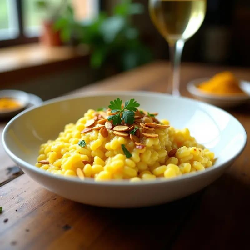 Plato hondo de cerámica blanca con risotto de coliflor cremoso de color dorado intenso, aromatizado con azafrán y champagne, decorado con perejil fresco y virutas de almendra tostada. Fondo borroso con una copa de champagne y una botella de azafrán.