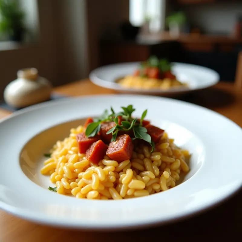Plato hondo blanco con risotto cremoso de coliflor y azafrán, trozos dorados de chorizo vegano y hebras de azafrán. Decorado con perifollo fresco sobre fondo rústico de madera.