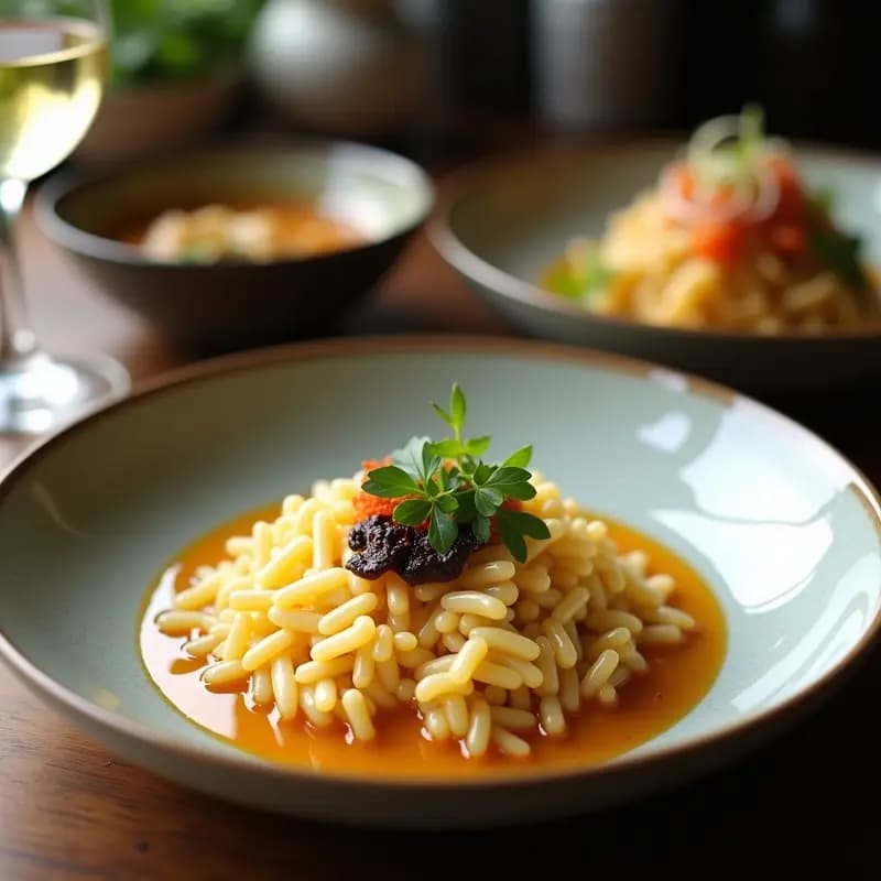 Plato hondo de cerámica blanca con risotto cremoso de coliflor y azukis, bañado en caldo dashi, decorado con perejil fresco y semillas de sésamo tostadas. Receta japonesa vegana en olla lenta.