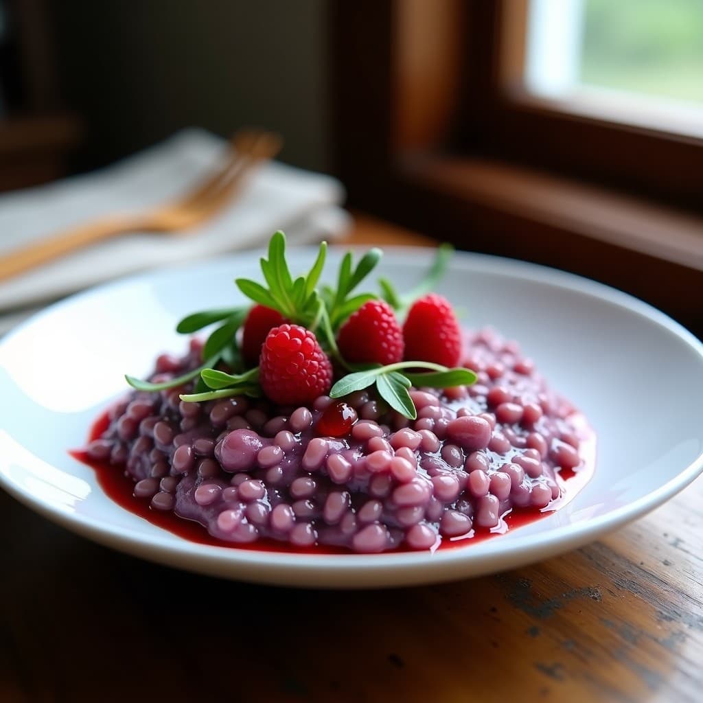 Plato hondo blanco con risotto de coliflor morada cremoso, decorado con hojas de rúcula fresca, frambuesas enteras y un hilo de vinagreta de frambuesa de color rojo intenso. Fondo rústico con servilleta de lino y tenedor de madera.