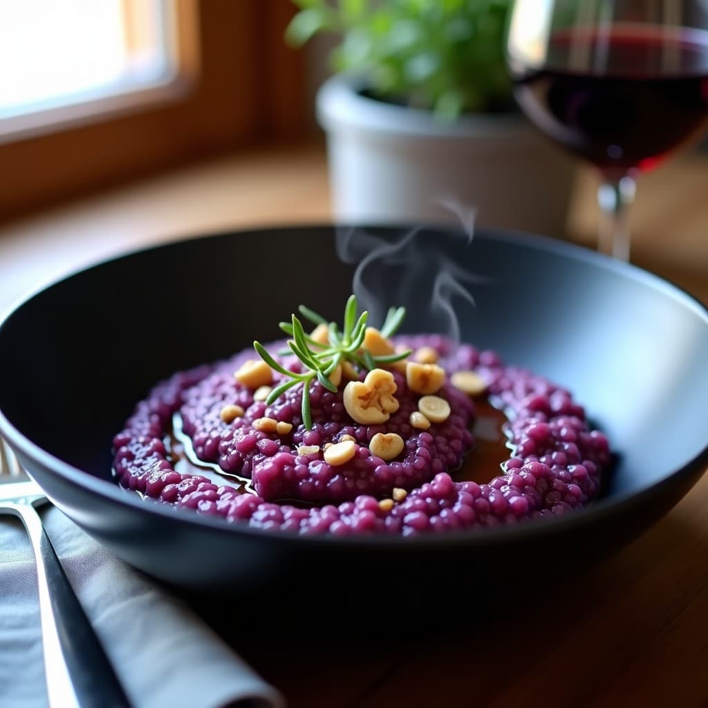 Plato hondo de cerámica negra con risotto de coliflor morada y vino tinto, de color violáceo intenso, decorado con nueces picadas y un hilo de vinagre balsámico. Fondo rústico con servilleta de lino y copa de vino tinto.