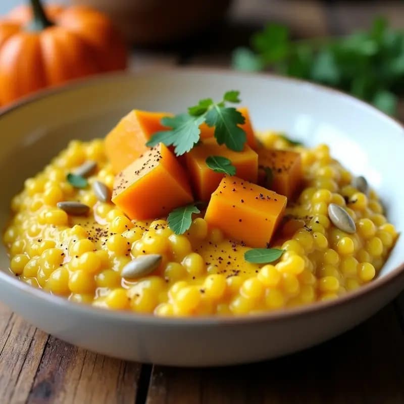 Plato hondo blanco con risotto cremoso de color dorado intenso, trozos de calabaza butternut asada y decoración de semillas de calabaza tostadas y hojas de cilantro fresco, sobre fondo de madera rústica.