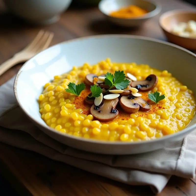Plato hondo de cerámica blanca con risotto de cúrcuma y champiñones con caldo de miso vegano, decorado con almendras fileteadas, perejil fresco y un toque de cúrcuma en polvo por encima. Fondo rústico con servilleta de lino y tenedor de madera.