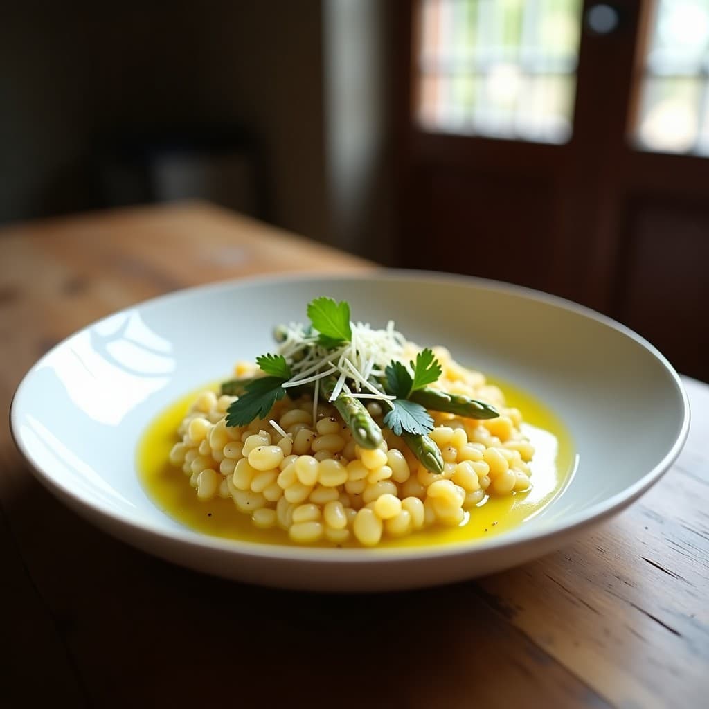 Plato hondo blanco con risotto de espárragos blancs y azafrán, color dorado intenso, coronado con puntas de espárragos salteadas en mantequilla y virutas de Parmesano. Fondos borrosos de cocina rústica.