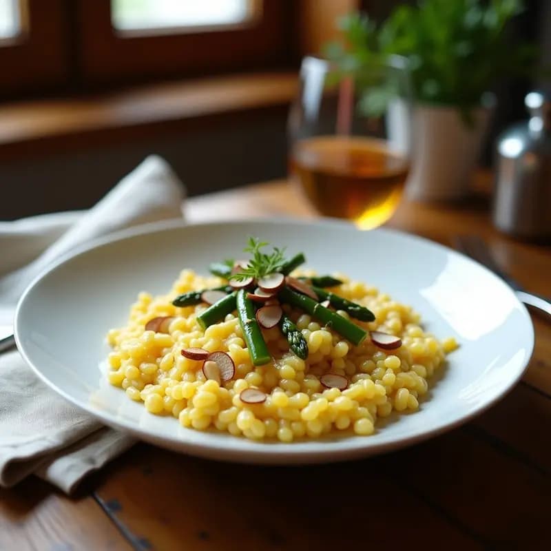 Plato hondo de porcelana blanca con risotto cremoso de color dorado, trozos de espárragos blancos al dente, bañado con vinagreta de trufa oscura y decorado con almendras fileteadas tostadas. Fondo rústico con servilleta de lino y tenedor de plata.