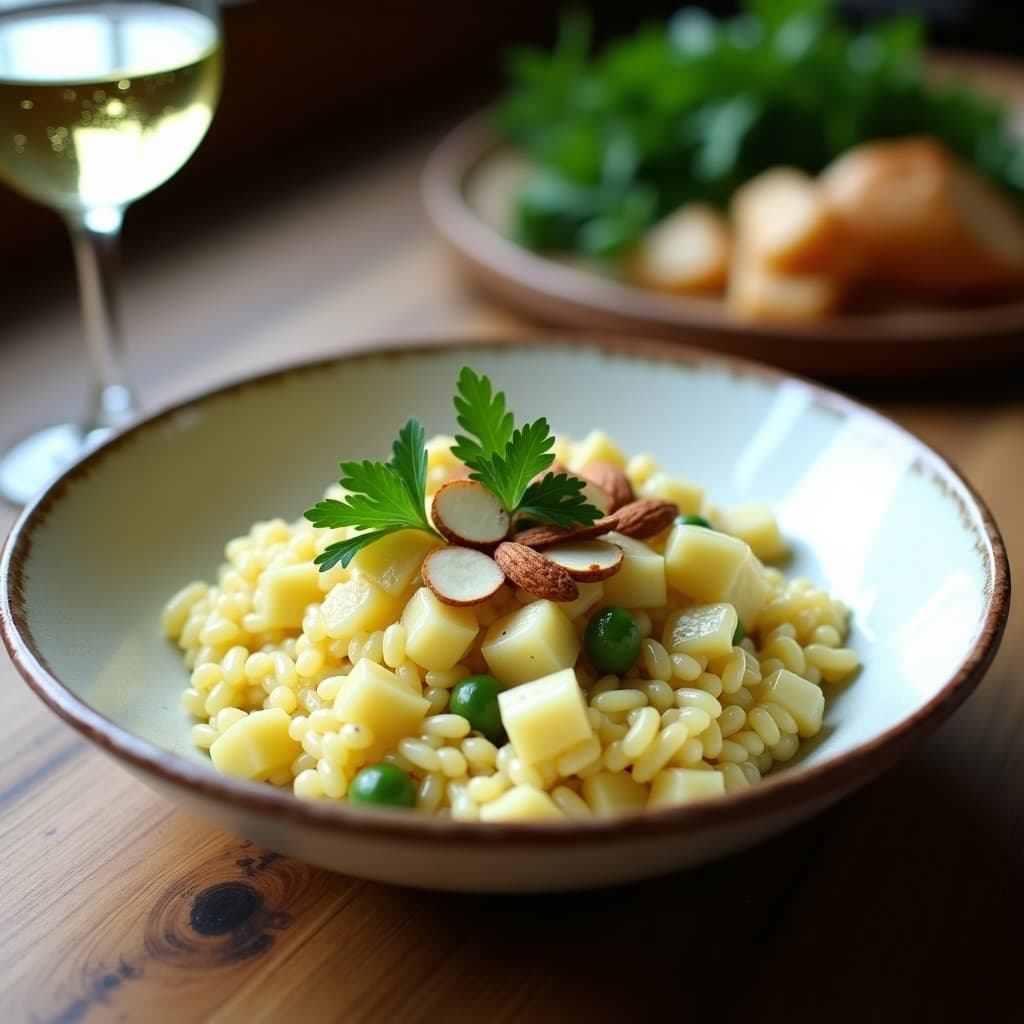 Plato hondo de cerámica blanca con risotto cremoso de espárragos blancos y vino verde, decorado con almendras tostadas y perejil fresco, servido con una copa de vino verde al fondo.