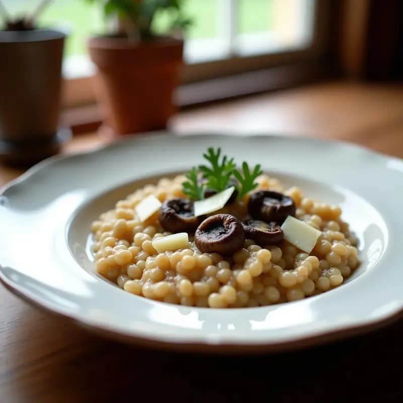 Plato hondo de cerámica blanca con risotto cremoso de espelta, trozos de champiñones morados salteados y virutas de queso de oveja fundido. Decorado con perejil fresco y un hilo de aceite de oliva virgen extra.