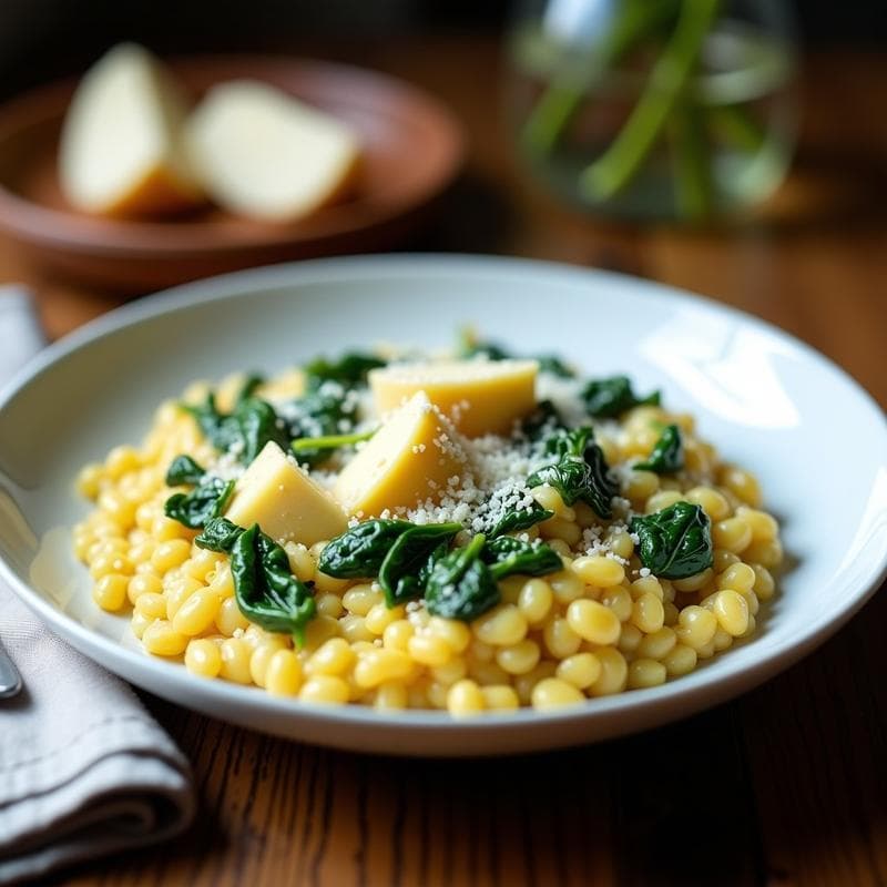 Plato hondo blanco con risotto cremoso de color dorado, espinacas verdes bien integradas y trozos de queso de cabra fundido. Decorado con hebras de azafrán y un toque de queso parmesano rallado sobre la superficie. Fondo rústico con servilleta de lino.