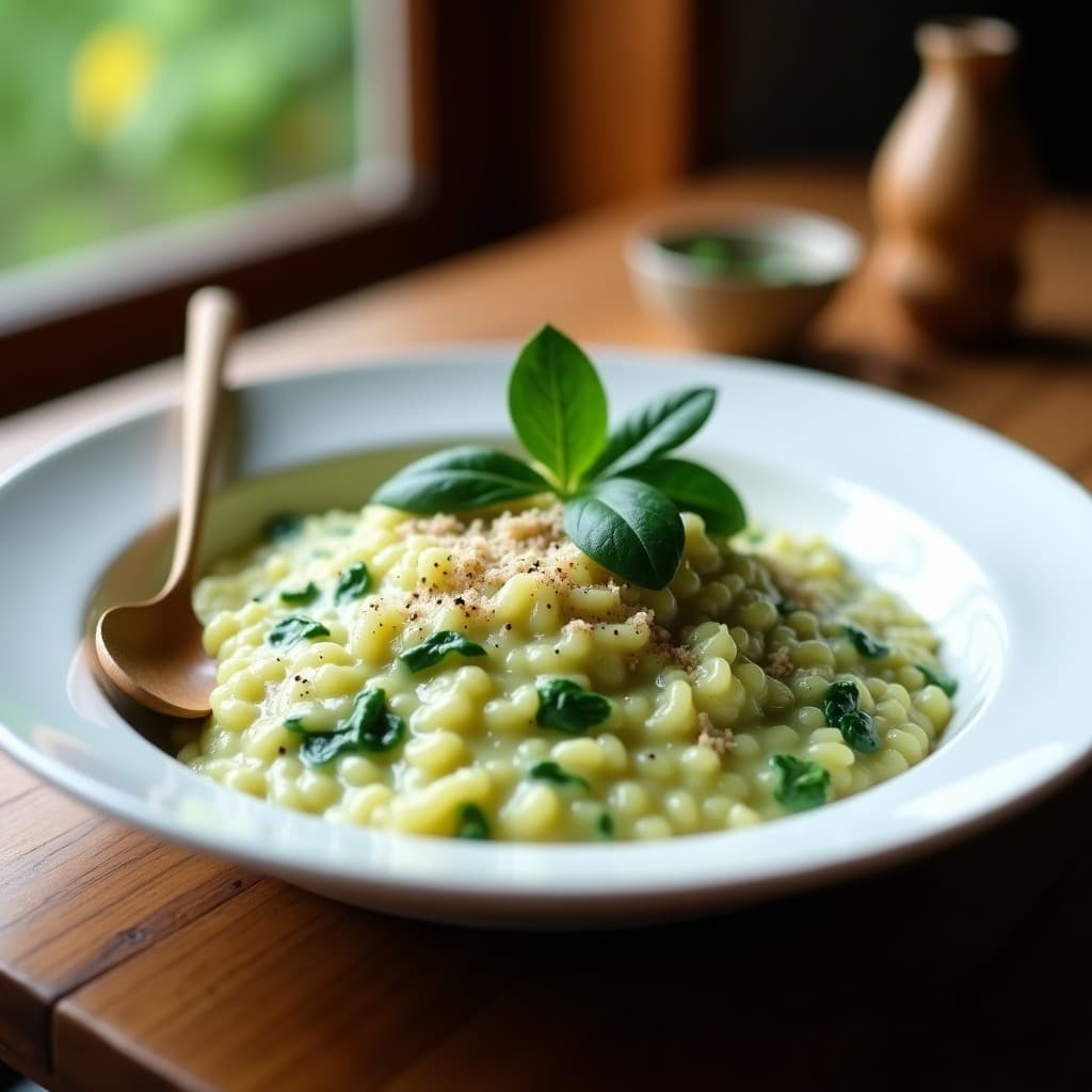 Plato hondo blanco con risotto cremoso de color verde suave, salpicado de trozos de queso de cabra blanco y piñones dorados. Espinacas frescas integradas en la textura sedosa del arroz. Toque final con ralladura de limón y pimienta negra. Receta de risotto de espinacas y queso de cabra en olla rápida.