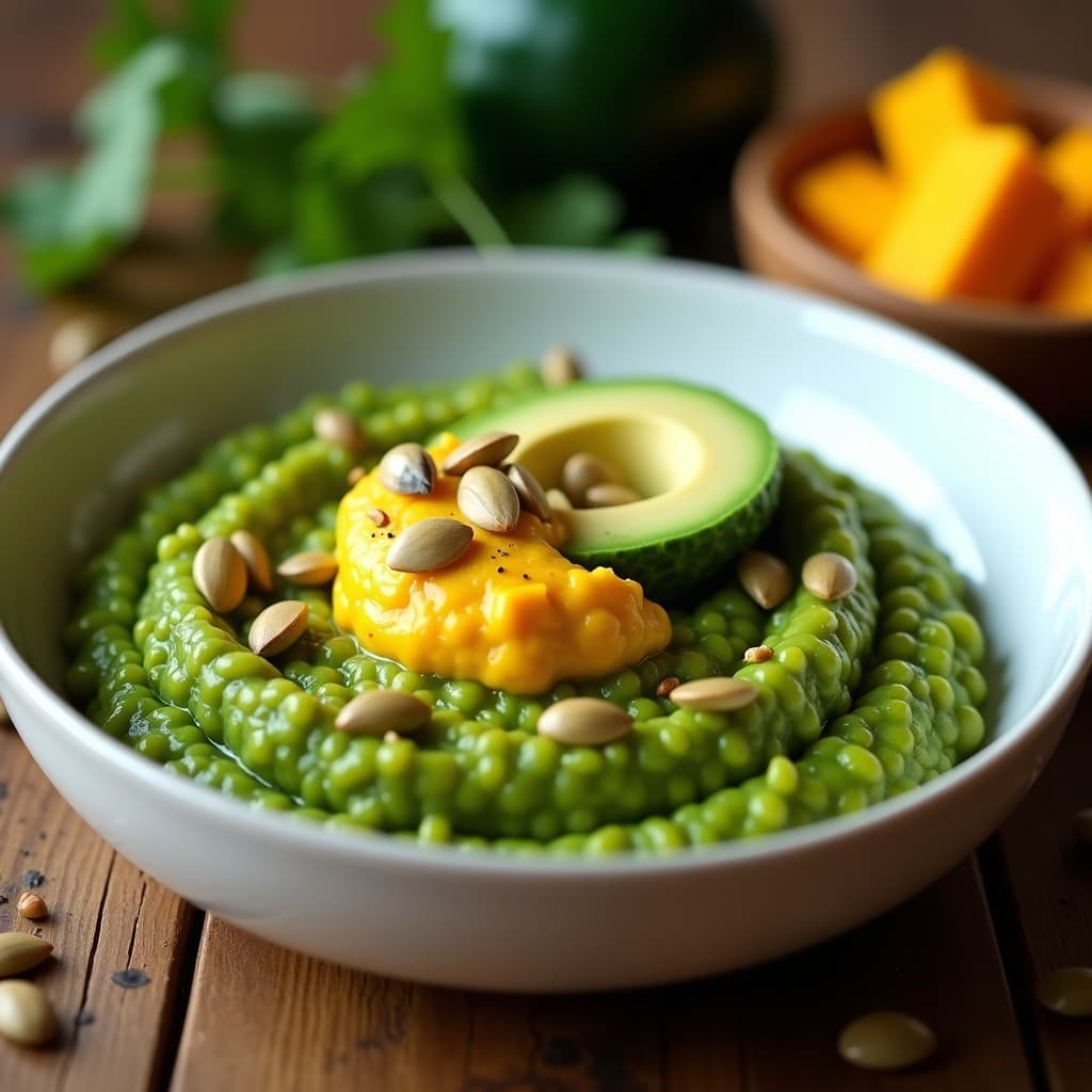 Plato hondo de cerámica blanca con risotto de espirulina y calabaza, de color verde esmeralda intenso, coronado con queso de cúrcuma cremoso, rodajas de aguacate y semillas de calabaza tostadas. Receta vegana y detox en Thermomix.