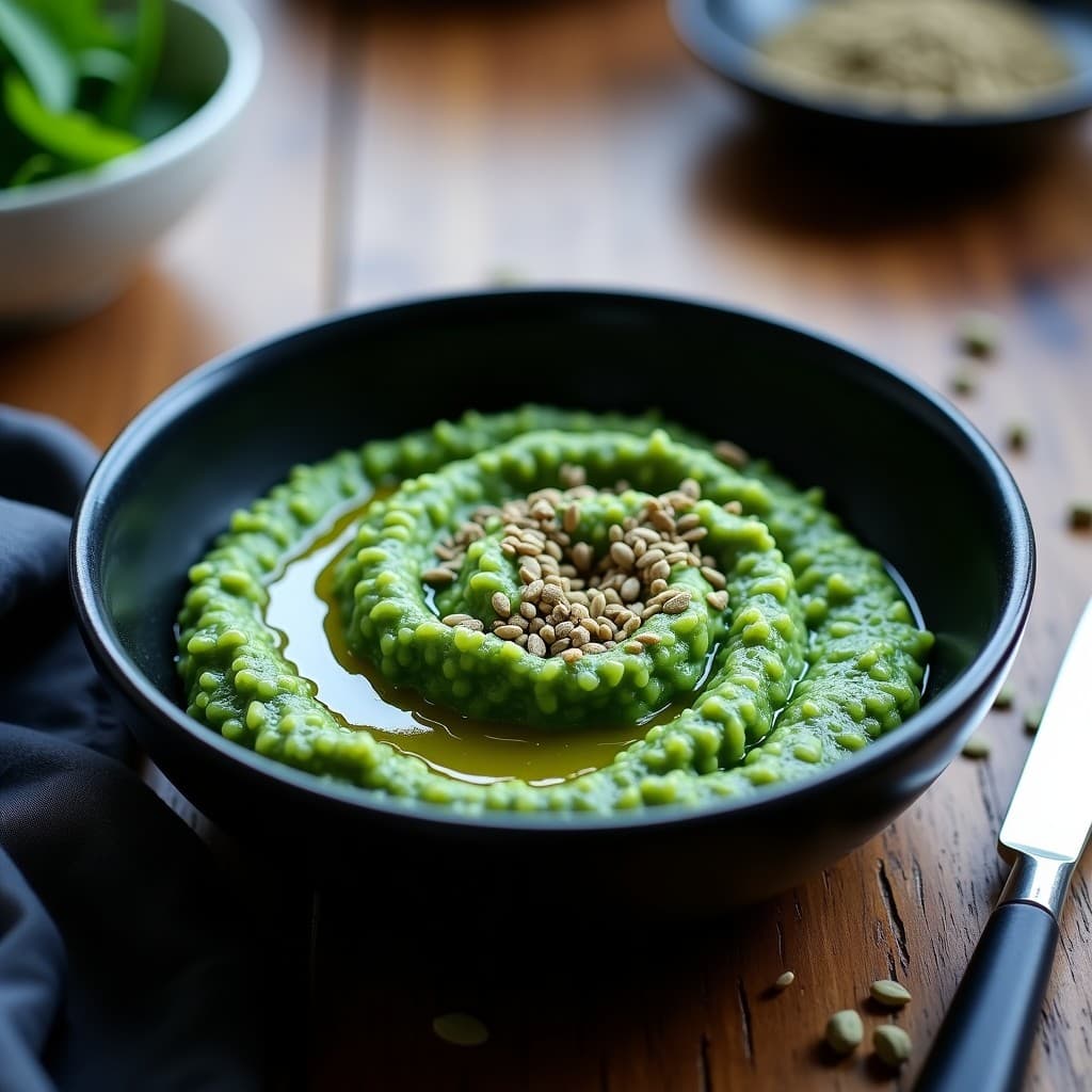 Plato hondo negro con risotto de espirulina y queso de cáscara de anacardo, de color verde azulado intenso, decorado con semillas de cáñamo y algas nori. Receta vegana en Thermomix con superalimentos, servido con un hilo de aceite de oliva virgen extra.