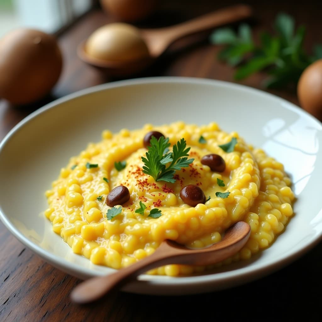 Plato hondo de cerámica blanca con risotto de color dorado intenso, salpicado de trozos de hongos Reishi y perejil fresco. Textura cremosa y brillo del azafrán, servido con una cuchara de madera sobre fondo rústico de tabla de madera oscura.