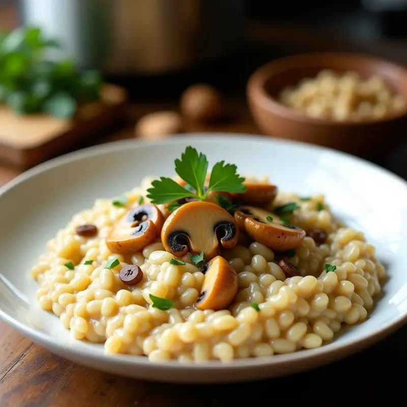 Plato hondo blanco con risotto cremoso de color beige claro, salpicado de hongos shimeji dorados y decorado con perejil fresco y nueces picadas. Receta de risotto de hongos shimeji y trigo sareptano keto en olla express.
