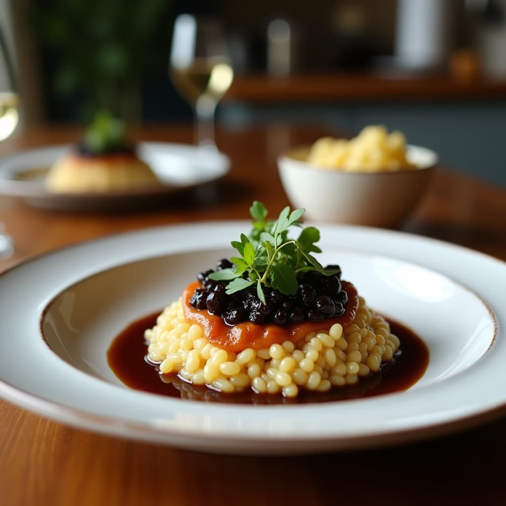Plato hondo de cerámica negra con risotto cremoso de color beige claro, salpicado de hongos shimeji dorados y láminas de trufa negra. Decorado con un hilo de aceite de oliva virgen extra y pimienta negra. Fondo borroso con utensilios de cocina y hierbas frescas.