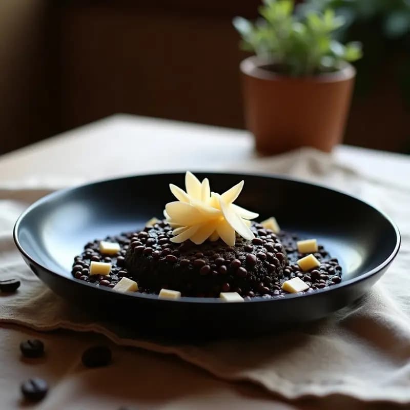 Plato hondo de porcelana negra con risotto negro cafetero colombiano, cremoso y brillante, decorado con láminas de setas shiitake y virutas de queso parmesano, sobre un mantel rústico de lino.