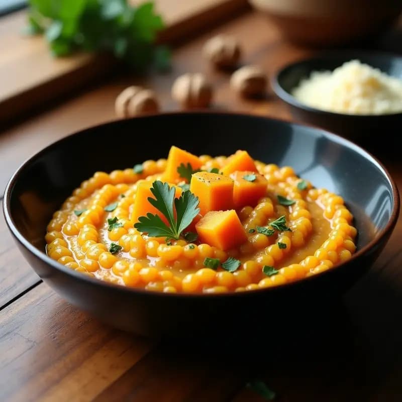 Plato hondo de cerámica negra con risotto cremoso de color dorado oscuro, salpicado de cubos de calabaza anaranjada, nueces picadas y perejil fresco. Receta de risotto negro con calabaza y cúrcuma.
