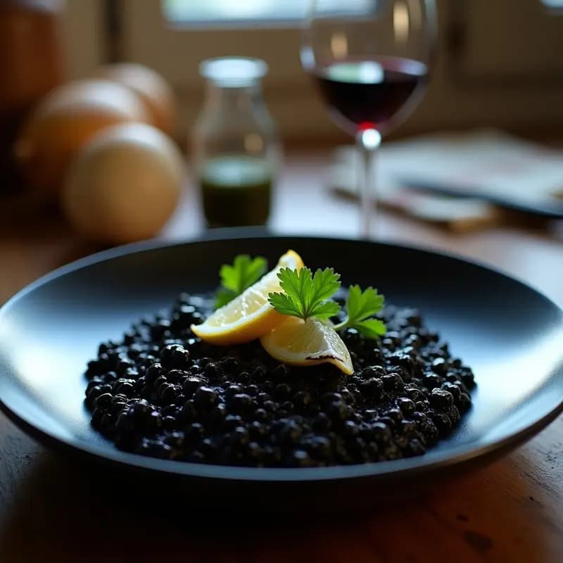 Plato hondo negro con risotto negro vegano de coliflor, decorado con perejil fresco y láminas de limón, servido en vajilla rústica.