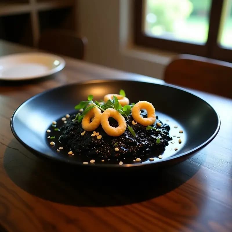 Plato hondo de cerámica negra con risotto negro de tres tintas, decorado con anillos de calamar y perejil fresco, receta gourmet española.