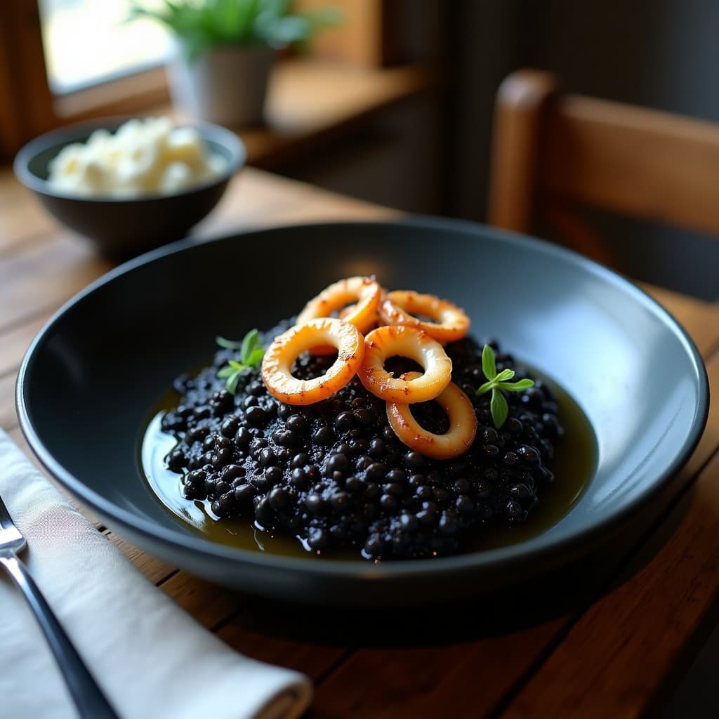 Plato hondo negro con risotto cremoso de color intenso, decorado con anillos de calamar dorados y un hilo de aceite de oliva. Receta auténtica de risotto negro de Venecia.