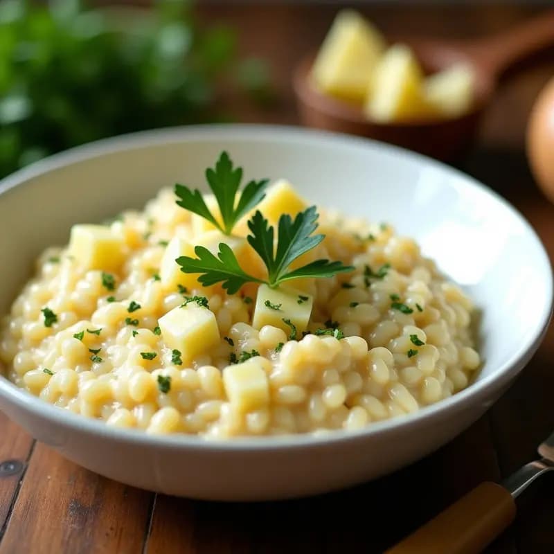 Plato hondo blanco con risotto cremoso de color beige claro, decorado con perejil fresco picado y trocitos de raíz de apio. Textura sedosa y brillo característico del risotto bien hecho.
